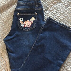 BAMBOO Dark Blue Flare Jeans with Floral Embroidery